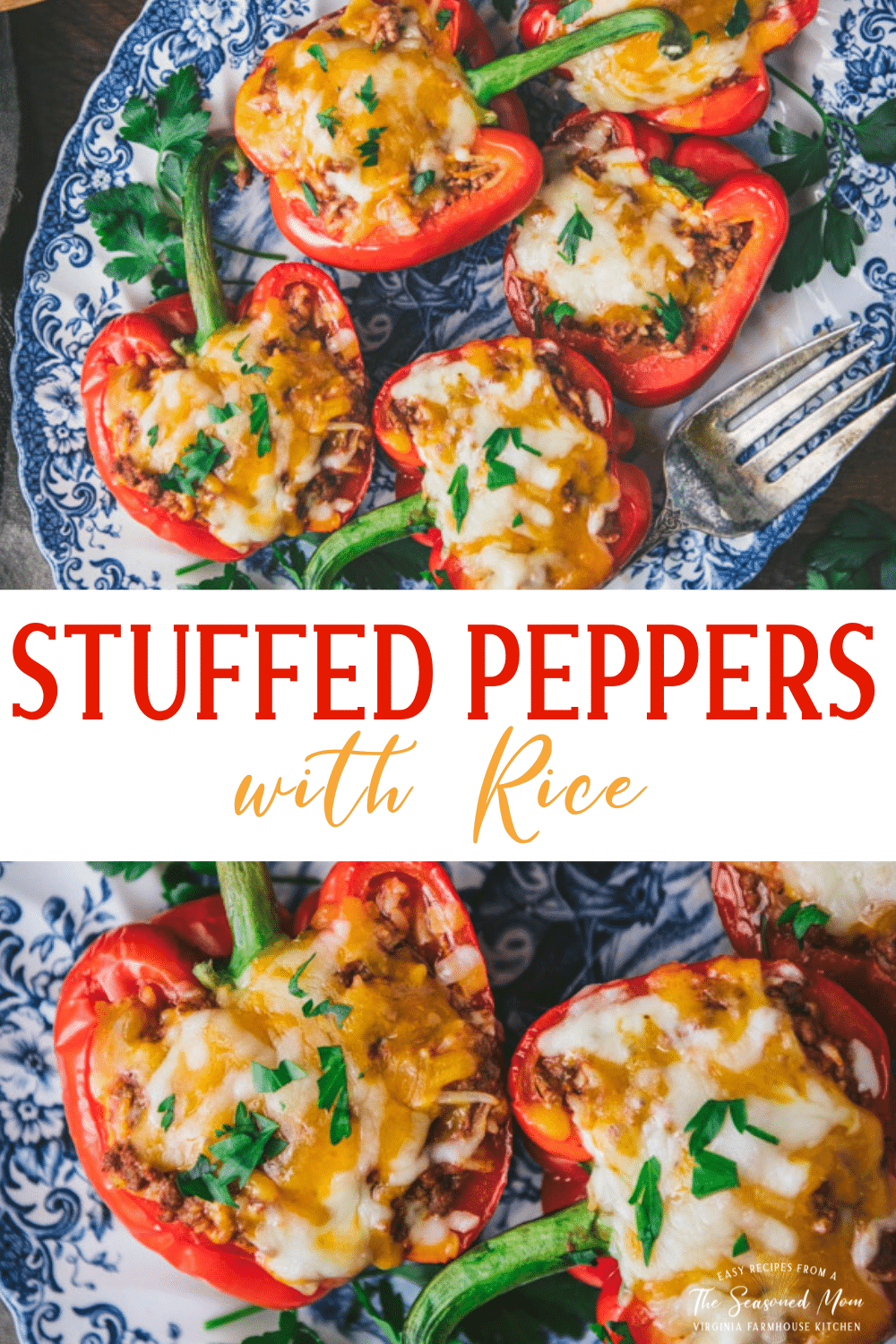 Long collage image of stuffed peppers with rice