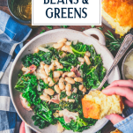 Hands holding a bowl of beans and greens with text title overlay