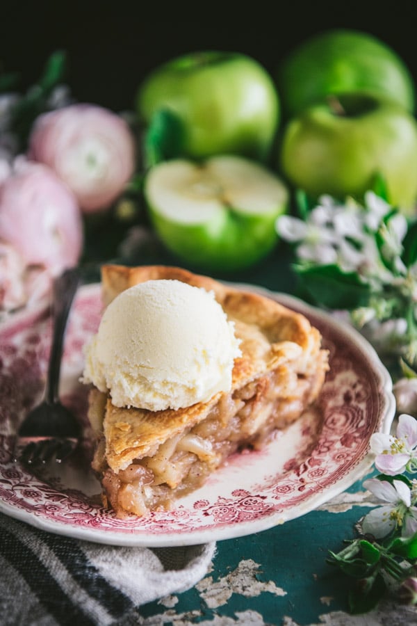 Close up front shot of a slice of apple pie on a red and white vintage plate