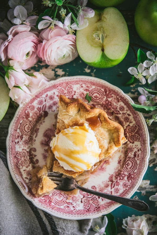 Overhead shot of a slice of apple pie on a red and white plate with a scoop of ice cream