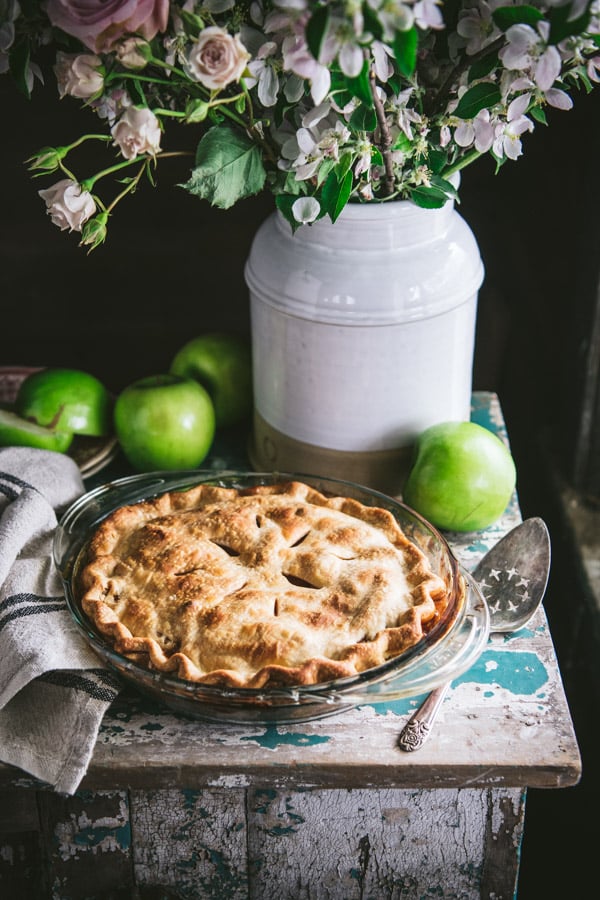 Easy apple pie recipe on a table before slicing