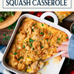 Hands serving a southern squash casserole with text title box at top