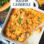 Close overhead image of a white dish full of the best southern squash casserole recipe with text title overlay