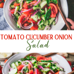 Long collage image of cucumber tomato onion salad
