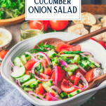Close up side shot of a white bowl of tomato cucumber onion salad with text title overlay