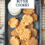 Overhead shot of a pan of 3 ingredient peanut butter cookies with text title overlay