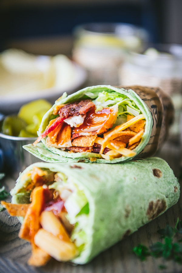 Close up front shot of stacked bbq chicken wrap