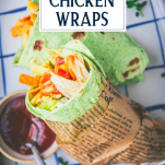 Overhead image of a bbq chicken wrap on a plate with text title overlay