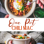 Long collage image of chili mac