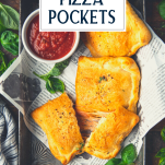 Overhead shot of pizza hot pockets with text title overlay