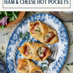 Tray of homemade ham and cheese hot pockets with text title box at top