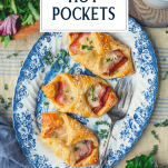 Platter of homemade ham and cheese hot pockets with text title overlay