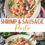 Long collage image of shrimp and sausage pasta