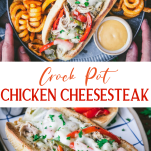 Long collage image of crock pot chicken cheesesteak