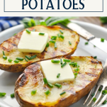 Grilled potatoes on a white plate with text title box at top
