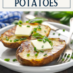 Crispy grilled potatoes on a plate with text title box at top