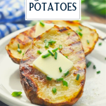 Close up shot of grilled potatoes with text title overlay