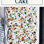 Overhead shot of a pan of ice cream sandwich cake with text title box at top