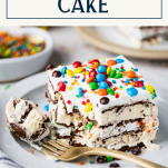 Bite out of a slice of ice cream sandwich cake with text title box at top