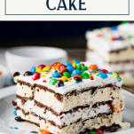 Close up side shot of a piece of ice cream sandwich cake on a plate with text title box at top