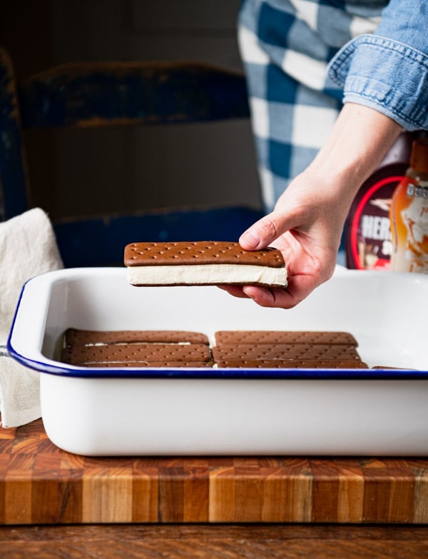 Placing ice cream sandwiches in pan