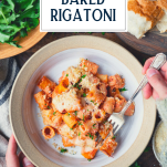 Overhead shot of hands eating baked rigatoni from a bowl with text title overlay