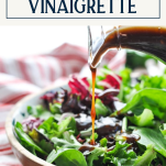 Dressing a salad with balsamic vinaigrette and text title box at top
