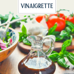Bottle of balsamic vinaigrette dressing with text title overlay