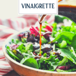 Dressing a salad with homemade balsamic vinaigrette and text title overlay
