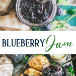 Long collage image of blueberry jam