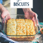 Hands holding pan of butter swim biscuits with text title overlay