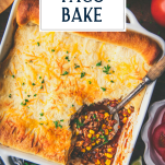 Pan of crescent roll taco bake with text title overlay