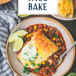 Bowl of crescent roll taco bake with text title overlay
