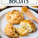 Two drop biscuits on a plate with text title box at top