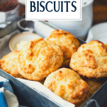 Close up side shot of a tin of drop biscuits with text title overlay