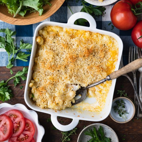 Square featured image of homemade mac and cheese in a white baking dish