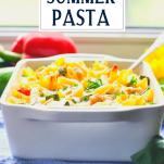Front shot of pasta with zucchini and chicken and text title overlay