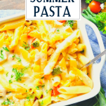 Close overhead image of summer pasta with text title overlay
