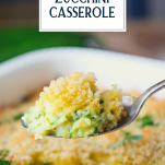 Spoonful of zucchini casserole with text title overlay