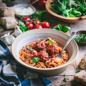 Square featured image of homemade meatballs and spaghetti in a bowl