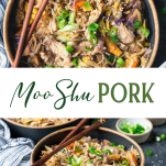 Long collage image of moo shu pork