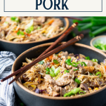 Close up side shot of a bowl of moo shu pork with text title box at top