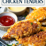 Side shot of baked chicken tenders with text title box at top