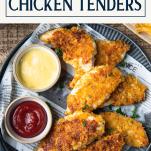 Overhead image of a platter of baked chicken tenders with text title box at top