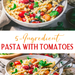 Long collage image of pasta with cherry tomatoes