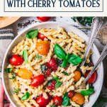 Overhead shot of a bowl of pasta with cherry tomatoes and a text title box at top