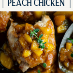 Close overhead image of peach glazed chicken thighs with text title box at top