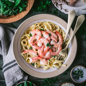 Close overhead image of a bowl of the best easy shrimp scampi recipe