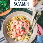 Hands holding a bowl of easy shrimp scampi with text title overlay