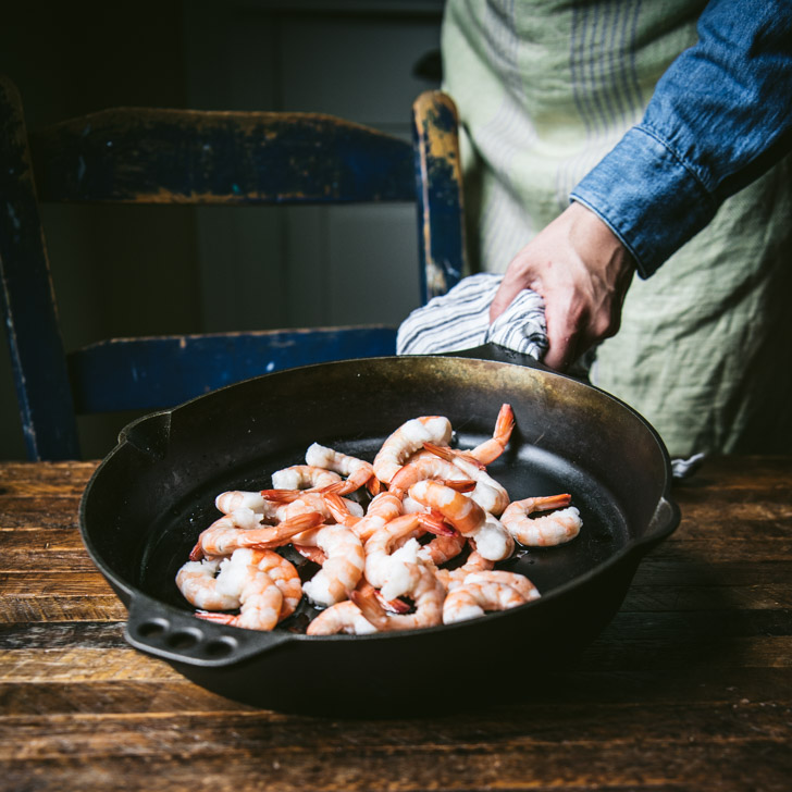 Sauteed shrimp in a cast iron skillet